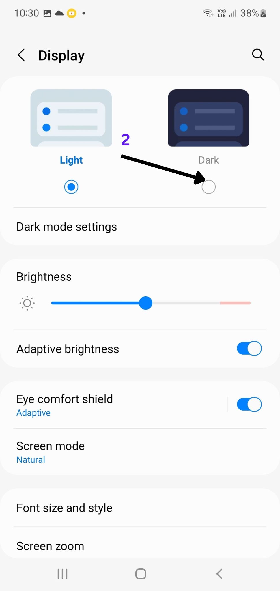 "image of the steps required to turn on dark mode on Android"