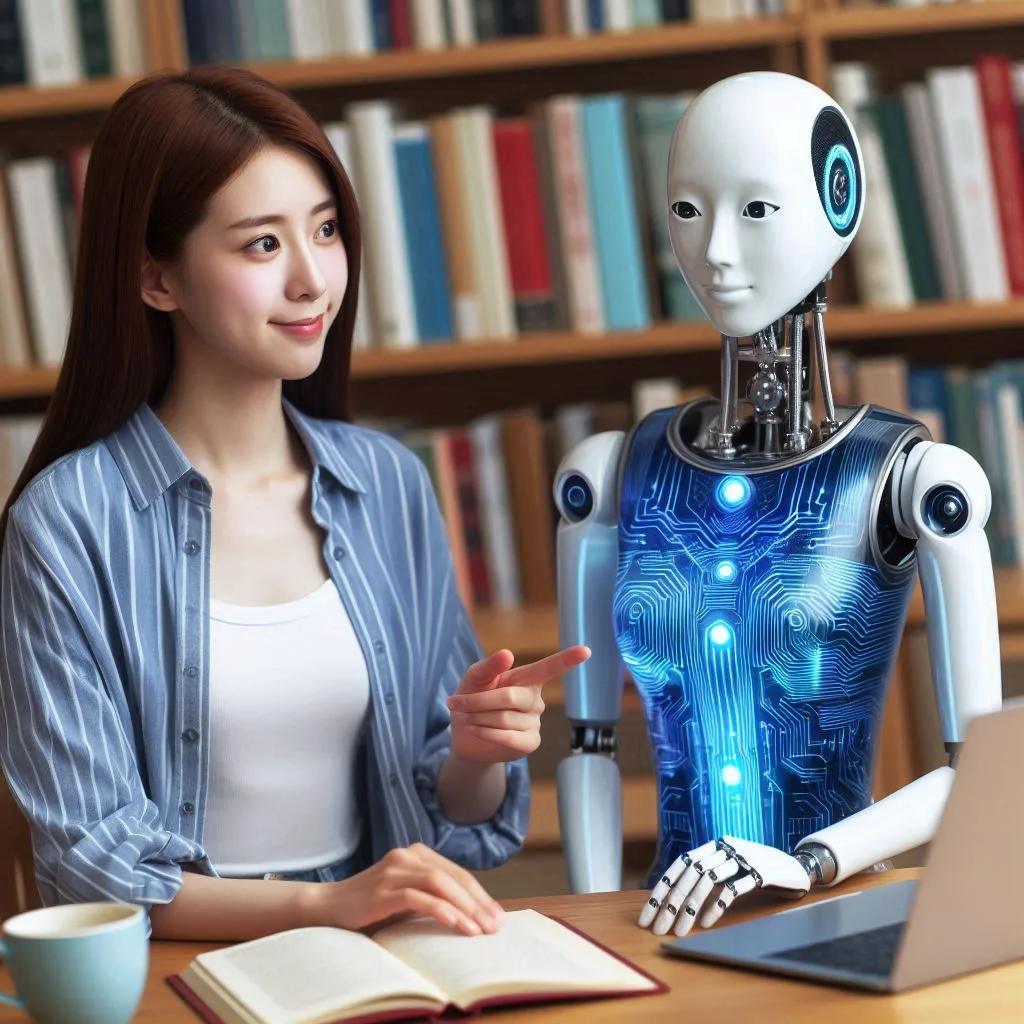 An illustration or photo of AI being used in educational settings, such as a student interacting with an AI tutor